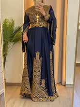 Flowy and Glamorous Navy Blue and Golden Satin Dress with Rhinestones