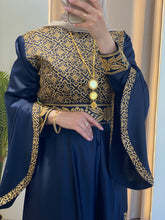 Flowy and Glamorous Navy Blue and Golden Satin Dress with Rhinestones