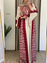Rahaf Most Elegant Beige and Red Embroidered Thob with Satin and Manajil Details