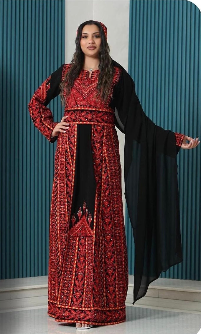 Fabulous Palestinian Embroidered Black Thobe Dress with Red Densed Amazing Embroidery