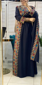 Elegant Navy and Beige Shoulder Details Embroidered Dress