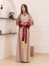 Karmel Beige Embroidered Thob Dress with Satin Sleeves Details