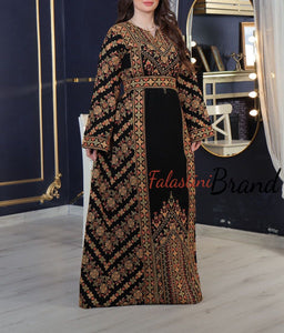 Amazing Black & Golden Palestinian Embroidered Thobe Dress With Astonishing Embroidery