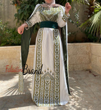 Stunning White And Olive Green Royal Sleeve Palestinian Embroidered Dress