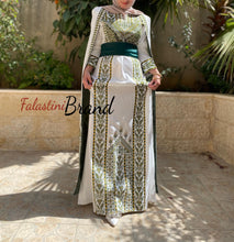 Stunning White And Olive Green Royal Sleeve Palestinian Embroidered Dress