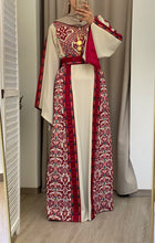 Rahaf Most Elegant Beige and Red Embroidered Thob with Satin and Manajil Details