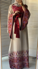 Very Unique Radan Sleeves Beige and Burgundy Thobe with Dense Embroidery and Satin Details