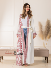 Trending Palestinian Off White Satin Embroidered Open Abaya with Attached Embroidered Drape