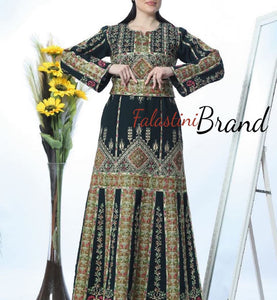 Amazing Dark Green Palestinian Thobe Dress With Astonishing Golden Embroidery And Satin Details