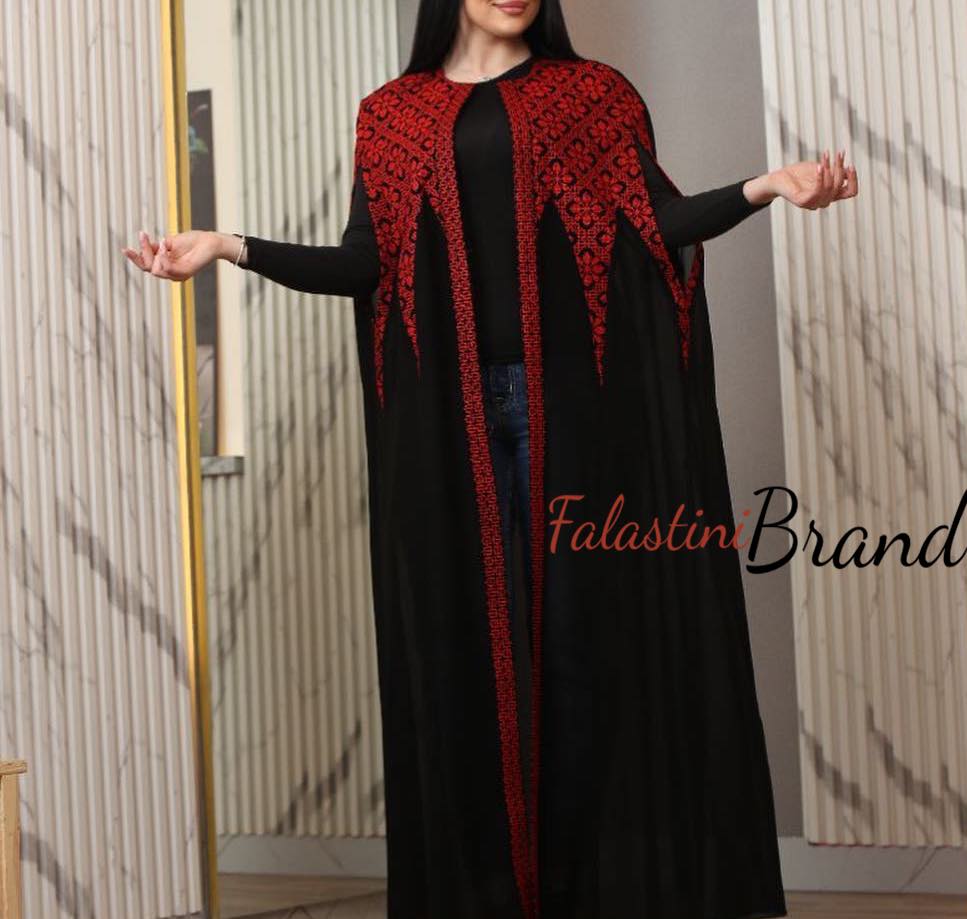 Stylish Long Black and Red Palestinian Embroidered Bisht