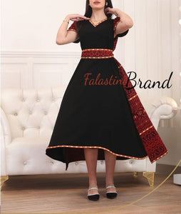 Gorgeous Black Long Dress Short Sleeve Red Embroidered Back