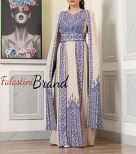 Stunning Off White And Blue Royal Sleeve Palestinian Embroidered Dress