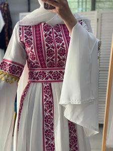 White Flowy Thob Dress With Pink Gorgeous Embroidery and Coins details