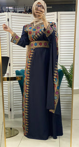 Elegant Navy and Beige Shoulder Details Embroidered Dress