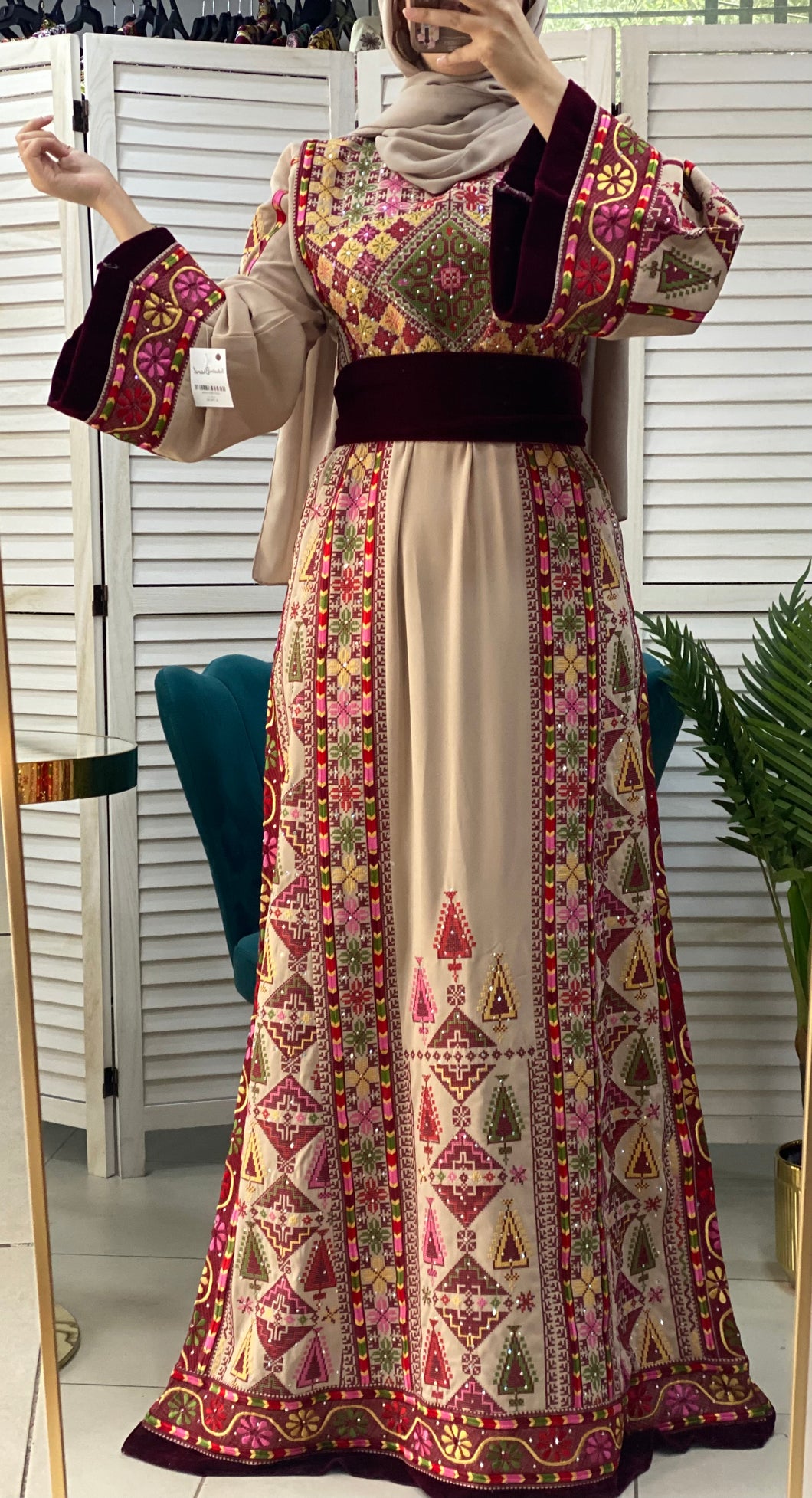 Charming Palestinian Embroidered Beige And Red Thobe Dress Palestinian Embroidery