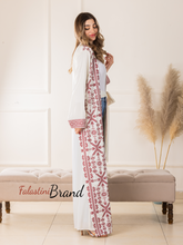 Trending Palestinian Off White Satin Embroidered Open Abaya with Attached Embroidered Drape