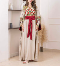 Haya Beige Dress and Abaya Set with Palestinian Floral Embroidery