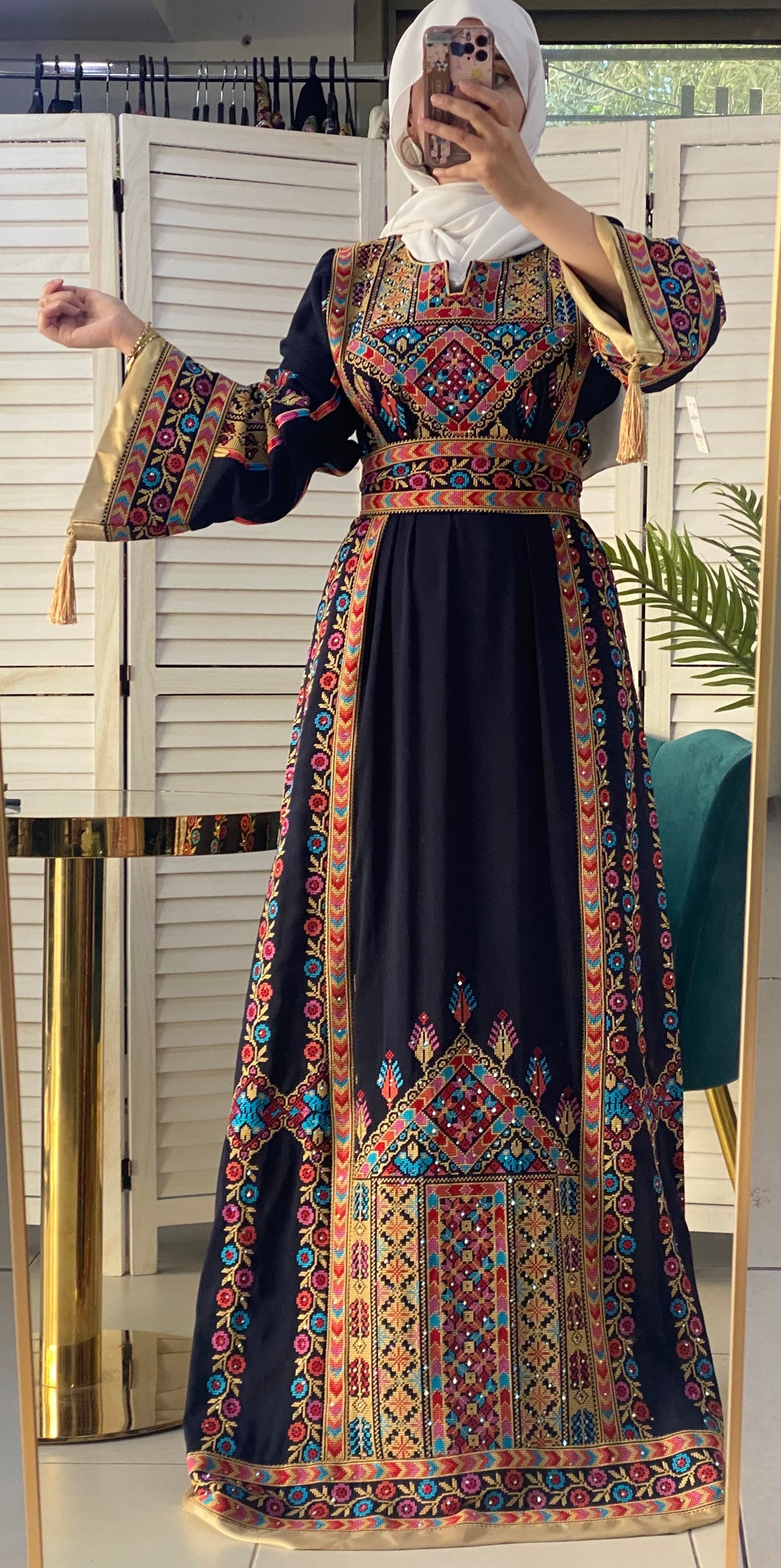 Sparkling Palestinian Embroidered Navy and Golden Thobe Dress with Satin Details