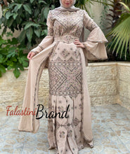 Stylish Mermaid Beige Palestinian Embroidered Dress with Skirt Side Details