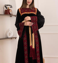 Black Velvet Thob Dress with Red Embroidery and Golden Satin Belt