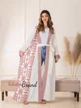 Trending Palestinian Off White Satin Embroidered Open Abaya with Attached Embroidered Drape