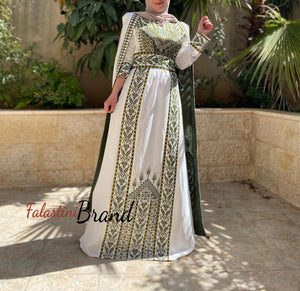 Stunning White And Olive Green Royal Sleeve Palestinian Embroidered Dress