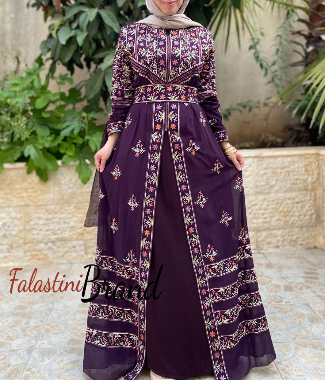 Purple 2-Pieces Embroidered Slit Sleeve Kaftan Dress