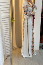 White Satin Flowy Thob Dress With Colorful Gorgeous Embroidery
