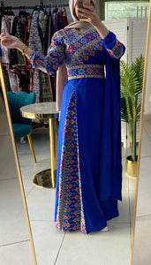 Elegant Royal Blue Shoulder Details Embroidered Dress