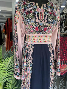 Full of Details Palestinian Embroidered Navy And Pink Thobe Dress Palestinian Embroidery