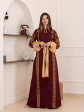 Karmel Burgundy Embroidered Thob Dress with Satin Sleeves Details