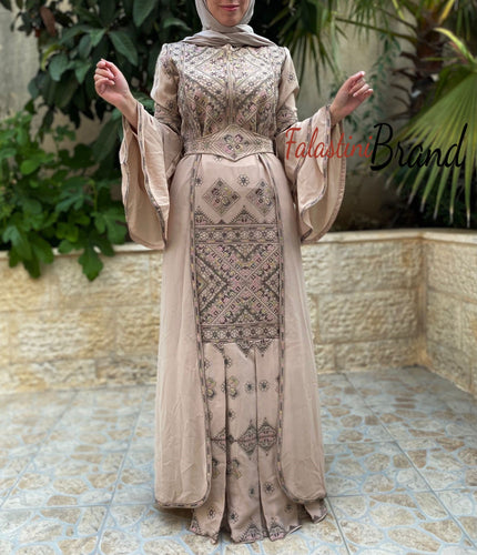 Stylish Mermaid Beige Palestinian Embroidered Dress with Skirt Side Details