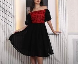 Black and Red Off-Shoulder Palestinian Embroidered Short Dress