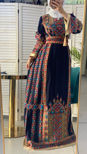 Sparkling Palestinian Embroidered Navy and Golden Thobe Dress with Satin Details