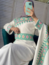 Elegant White Shoulder Details Embroidered Dress with Green Embroidery