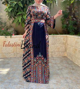 Amazing Dark Navy Multi Color Palestinian Embroidered Thobe Dress With Astonishing Embroidery