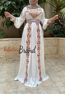 White Satin Flowy Thob Dress With Silver Gorgeous Embroidery