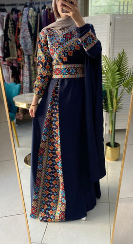 Elegant V1 Navy Shoulder Details Embroidered Dress