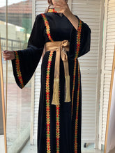 Black Velvet Elegance Stripes Embroidered Dress with Satin Belt