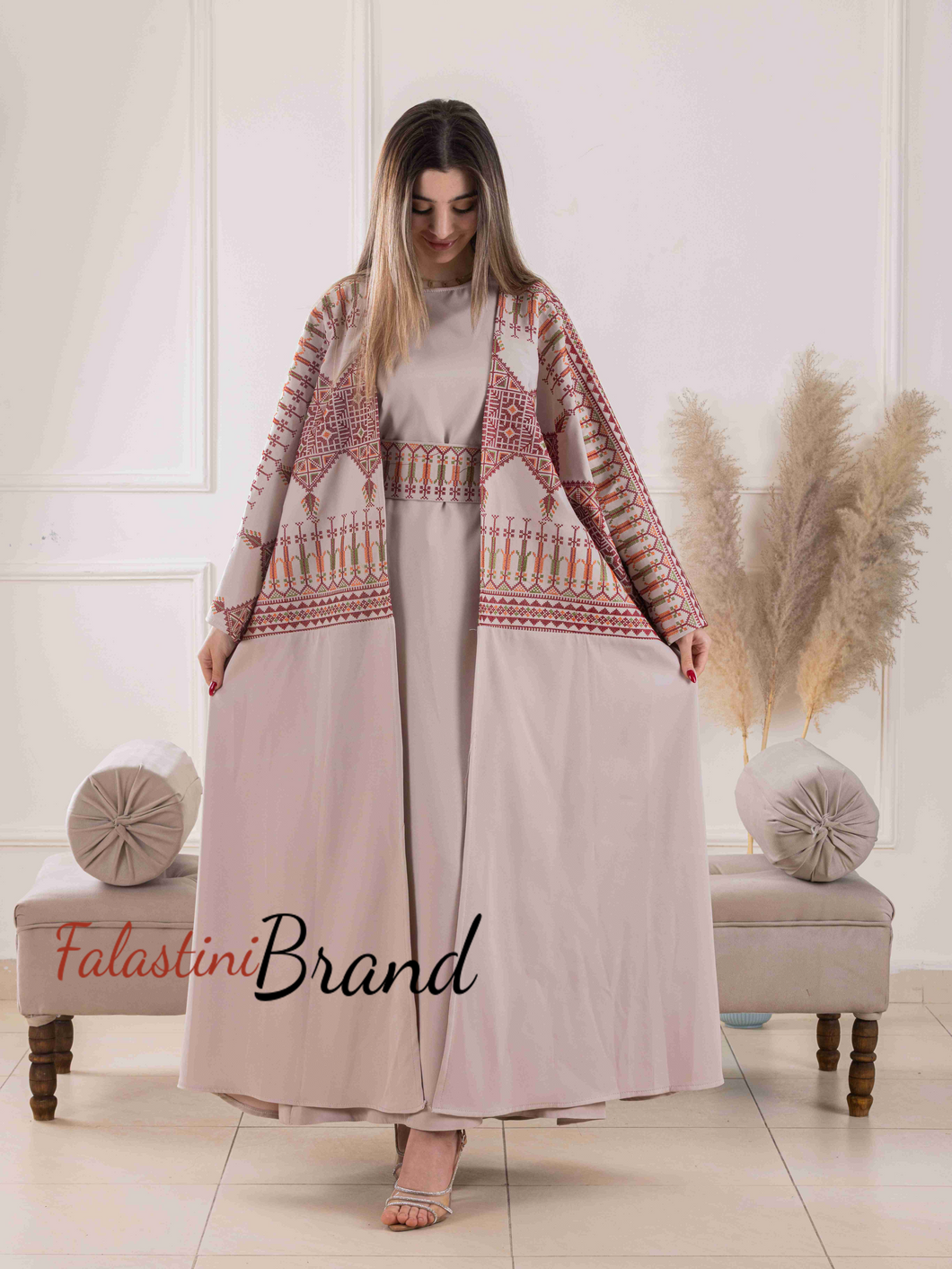 Elegant Beige Dress and Abaya Set with Palestinian Embroidery