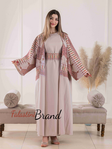 Elegant Beige Dress and Abaya Set with Palestinian Embroidery