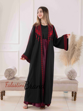 Elegant Black and Burgundy Dress and Abaya Set with Palestinian Embroidery