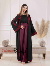 Elegant Black and Burgundy Dress and Abaya Set with Palestinian Embroidery