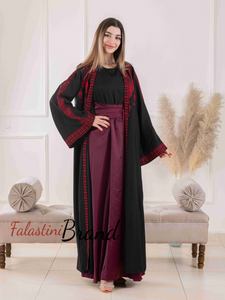 Elegant Black and Burgundy Dress and Abaya Set with Palestinian Embroidery