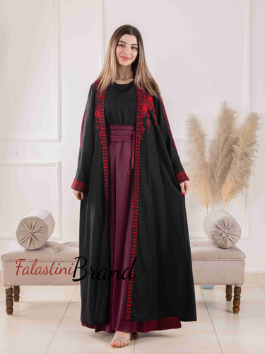 Elegant Black and Burgundy Dress and Abaya Set with Palestinian Embroidery