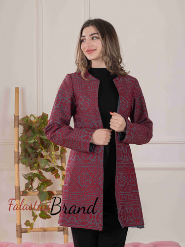 Long Red And Gray Embroidered Jacket