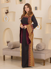 Horeya Black and Burgundy Thob Dress with Golden Embroidery