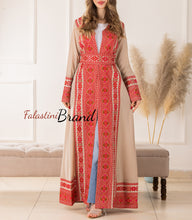 Elegant Palestinian Beige Chiffon Embroidered Open Abaya Kaftan Long Sleeve With Stylish Embroidery