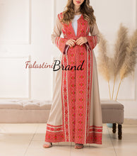 Elegant Palestinian Beige Chiffon Embroidered Open Abaya Kaftan Long Sleeve With Stylish Embroidery