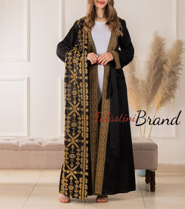 Trending Palestinian Black and Golden Embroidered Open Abaya with Attached Embroidered Drape